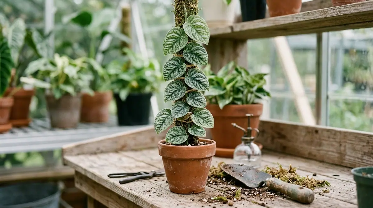 Philodendron Burle Marx Fantasy climbing a moss pole in a terracotta pot on a potting bench