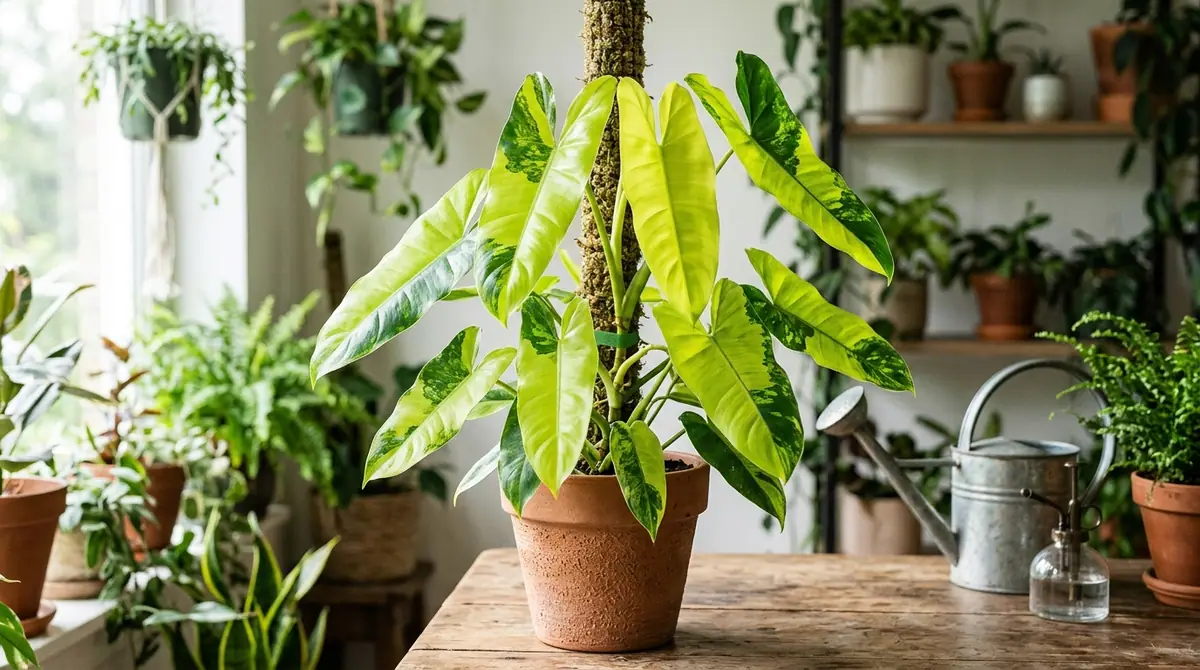 Philodendron Thai Sunrise climbing a moss pole in a terracotta pot on a table