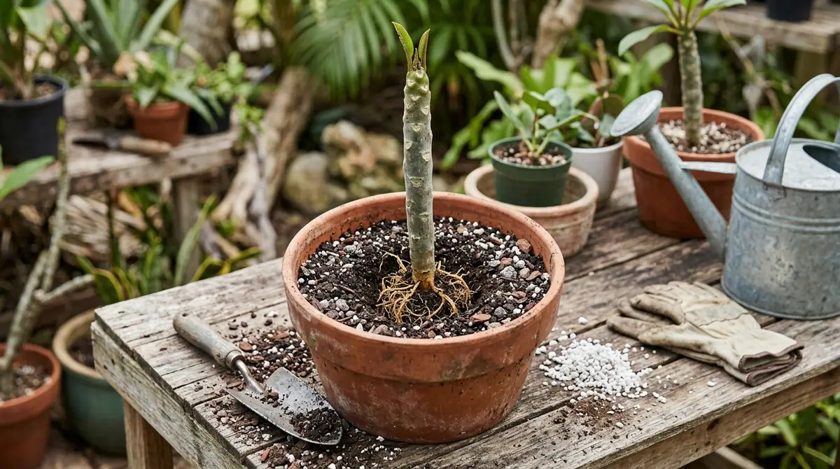 Plumeria cutting with exposed roots planted in a clay pot on a wooden garden table
