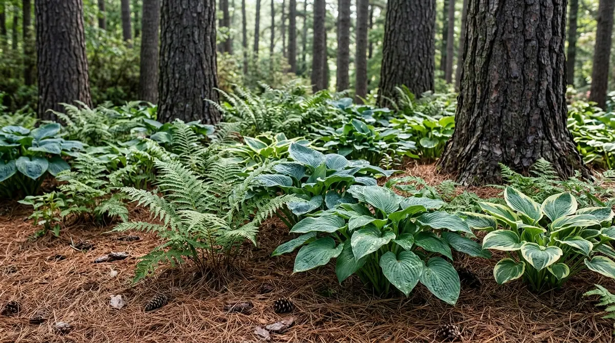 Lush ferns and hostas growing in a pine needle bed beneath tall pine trees
