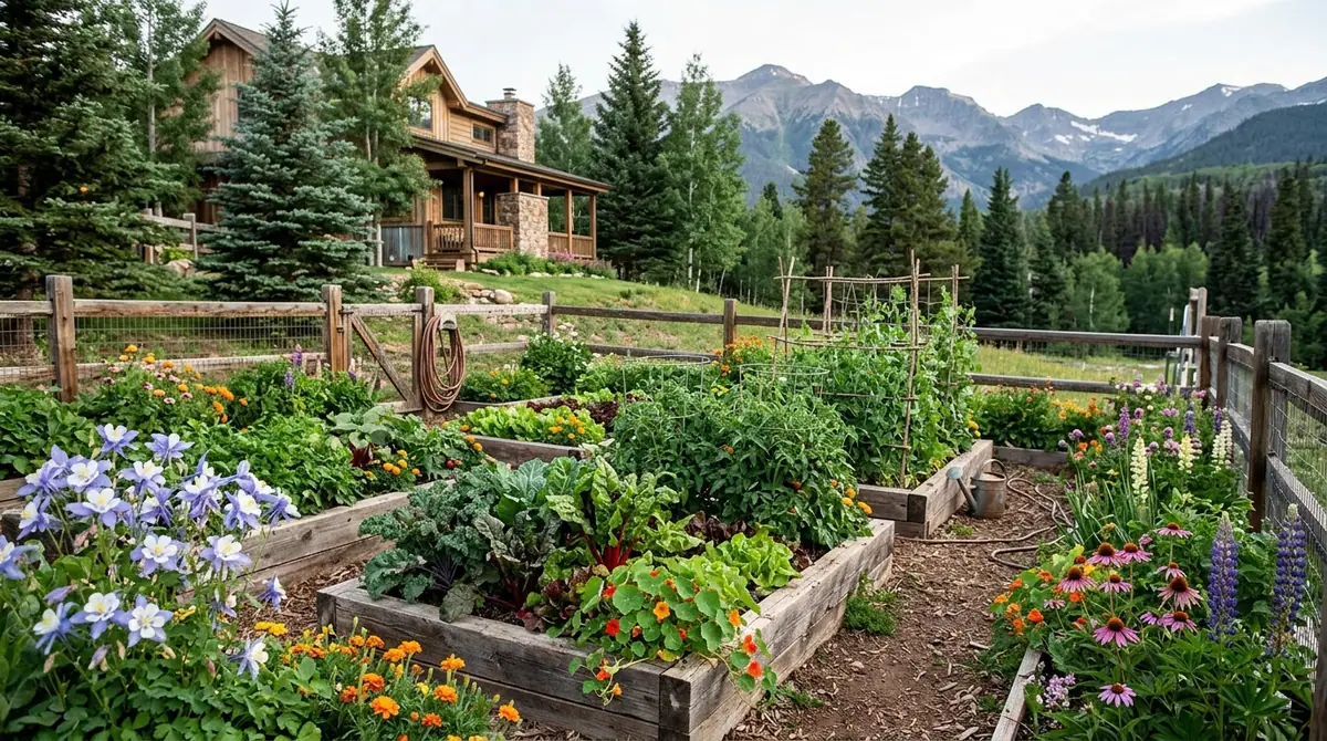 Elevated raised garden beds filled with vegetables and blooming flowers in a mountainous setting