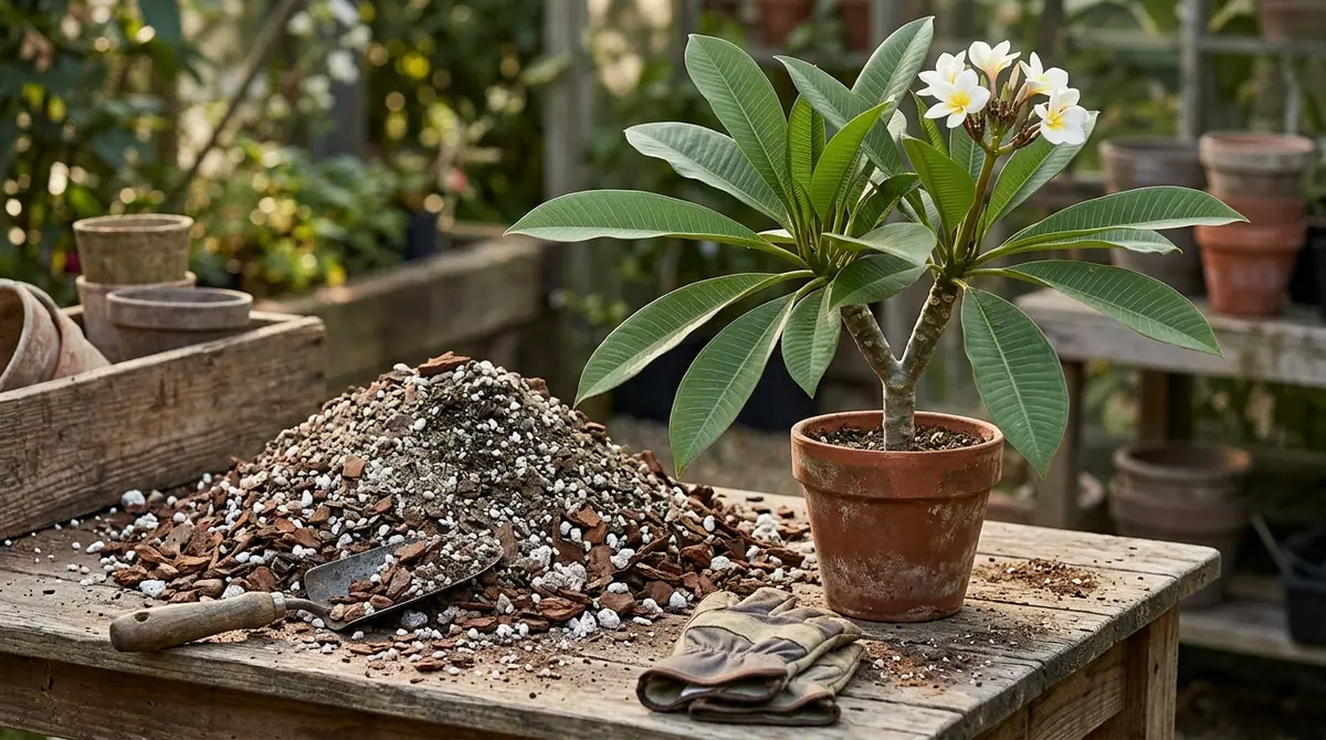 Blooming plumeria in a terracotta pot next to a large pile of potting soil on a wooden workbench