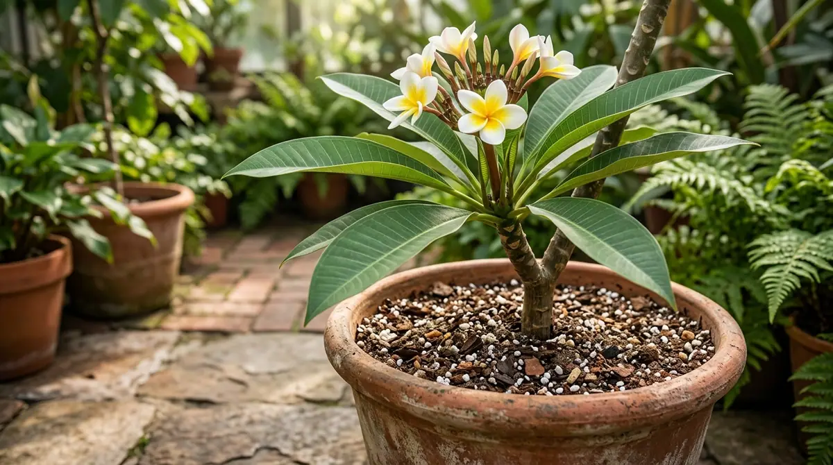 Potted plumeria plant with white and yellow flowers in a greenhouse