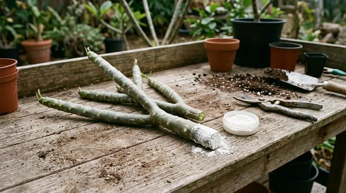 Plumeria cuttings and rooting hormone powder on a wooden potting bench