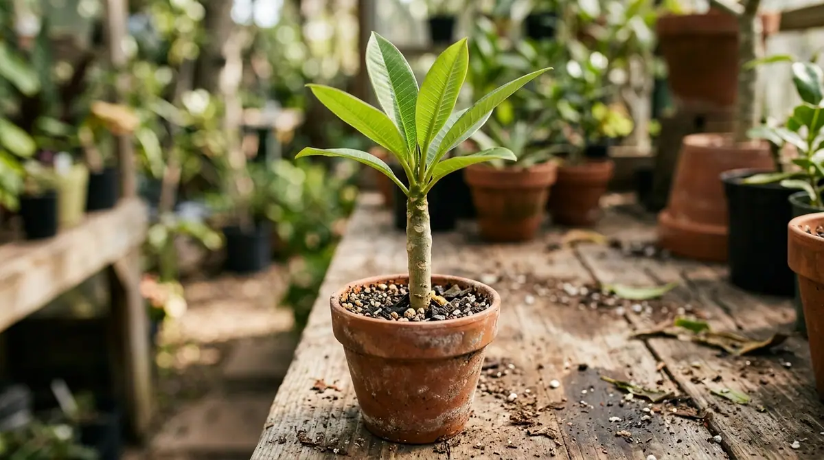 Small plumeria seedling with glossy green leaves in a terracotta pot on a wooden workbench