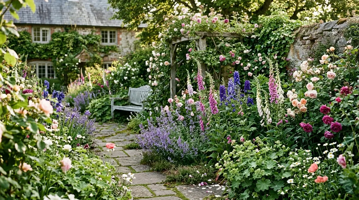 Lush cottage garden with colorful foxgloves and climbing roses along a stone path by an old house