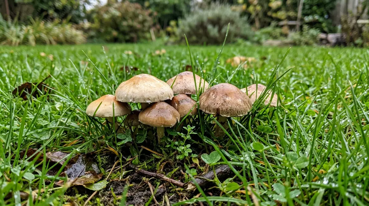 Cluster of brown lawn mushrooms growing among green grass and morning dew