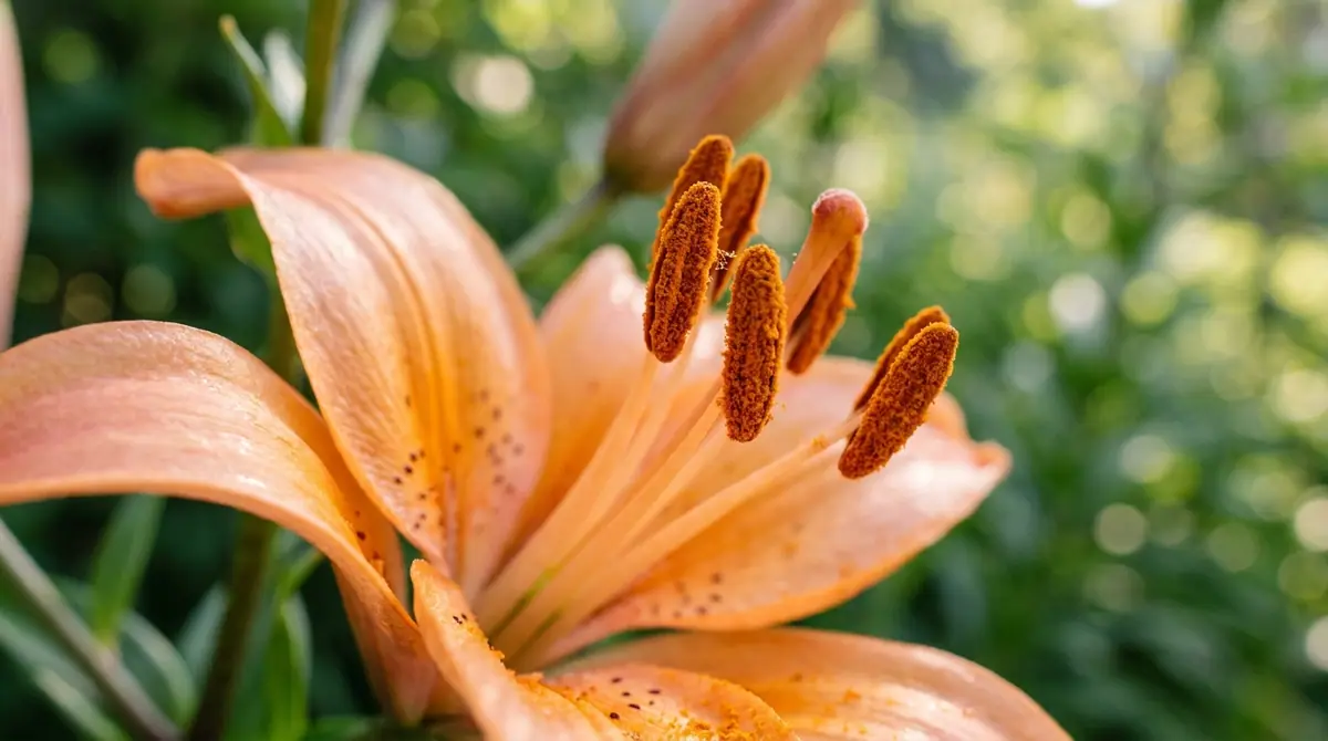 Close-up of a peach lily flower showing prominent stamens covered in brown pollen