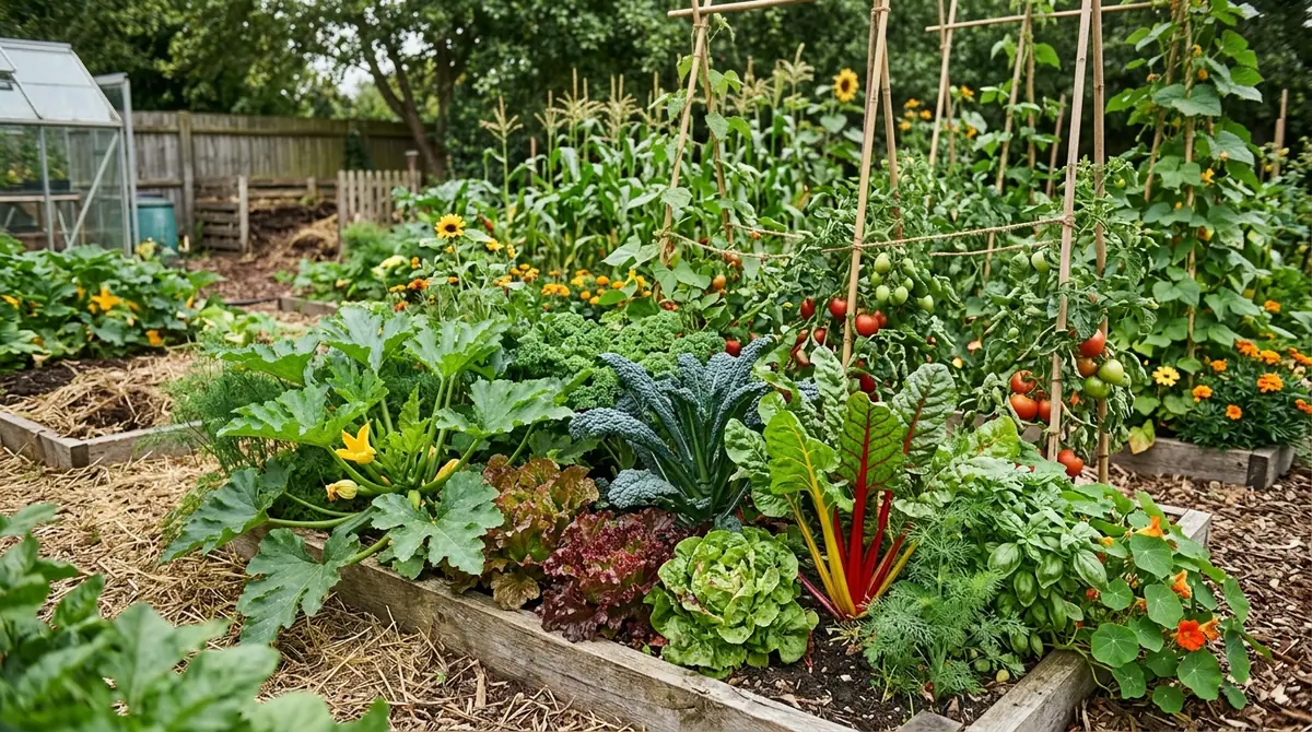 Vibrant polyculture garden bed featuring mixed vegetables and flowers growing together