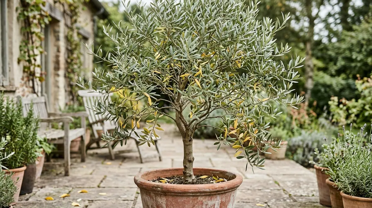 Potted olive tree with yellowing leaves on a stone patio