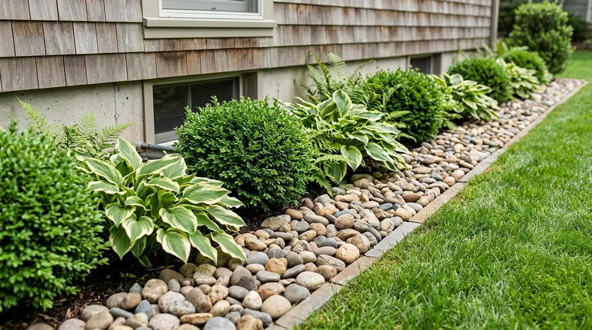 Rock border and shrubs along a house foundation