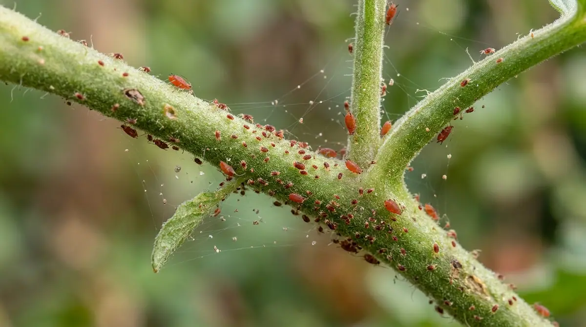 Red insects infesting the green stems of a plant