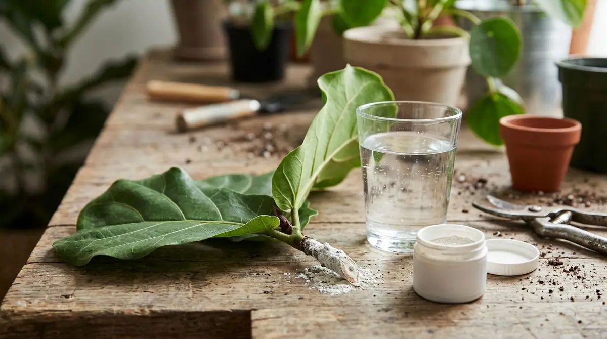 Fiddle leaf fig cutting dipped in rooting hormone powder on a wooden workbench with water and tools