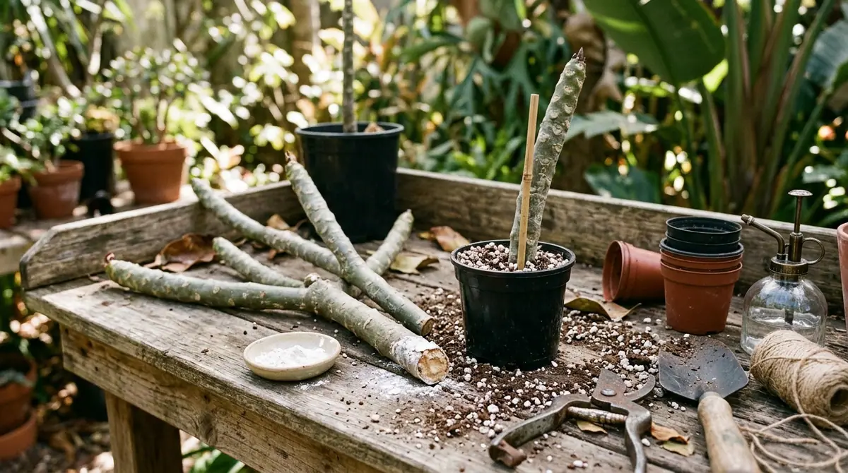 Plumeria cuttings and a potted stem on a potting bench with tools