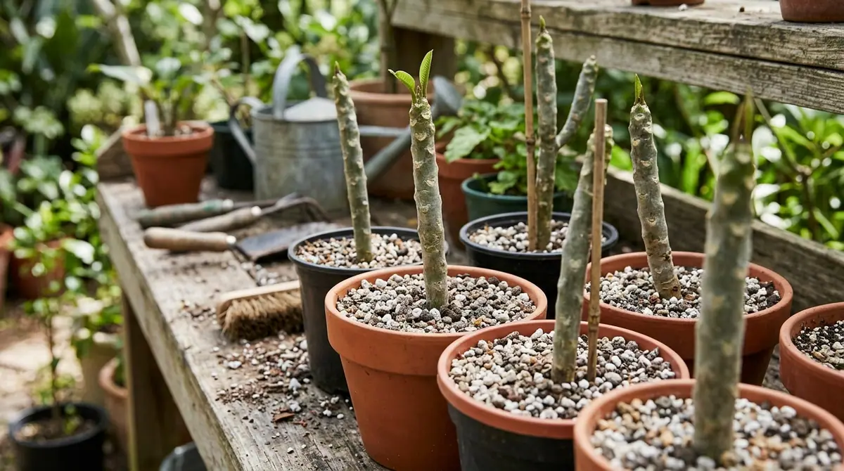 Plumeria cuttings planted in pots filled with perlite on a wooden workbench