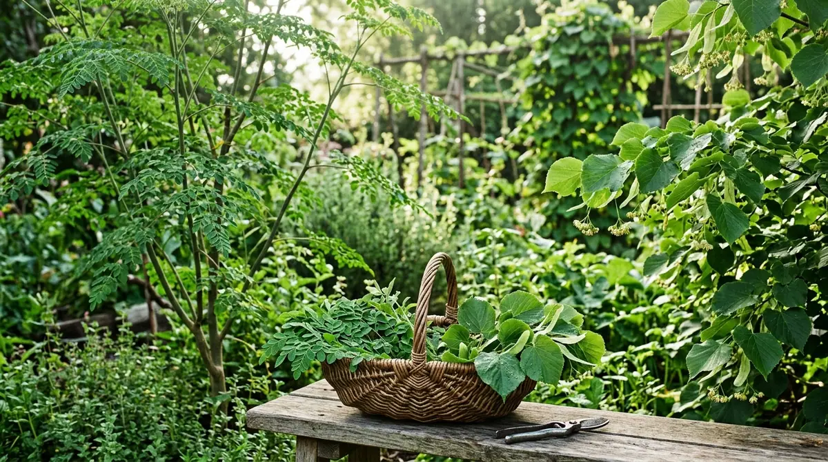 Basket of freshly harvested salad tree leaves on a wooden garden bench