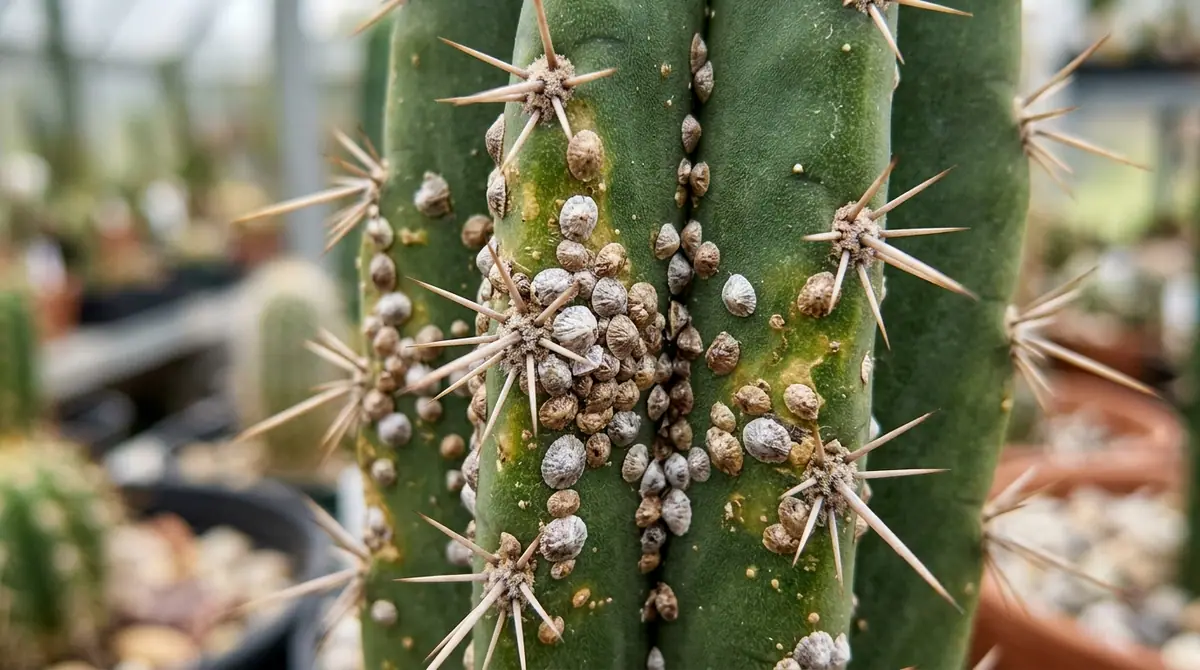 Close-up of a green cactus stem infested with grey scale insects among its spines