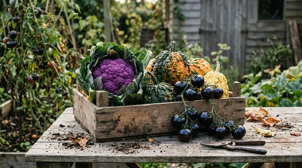 Purple cauliflower, warty gourds, and dark tomatoes in a wooden crate on a garden table