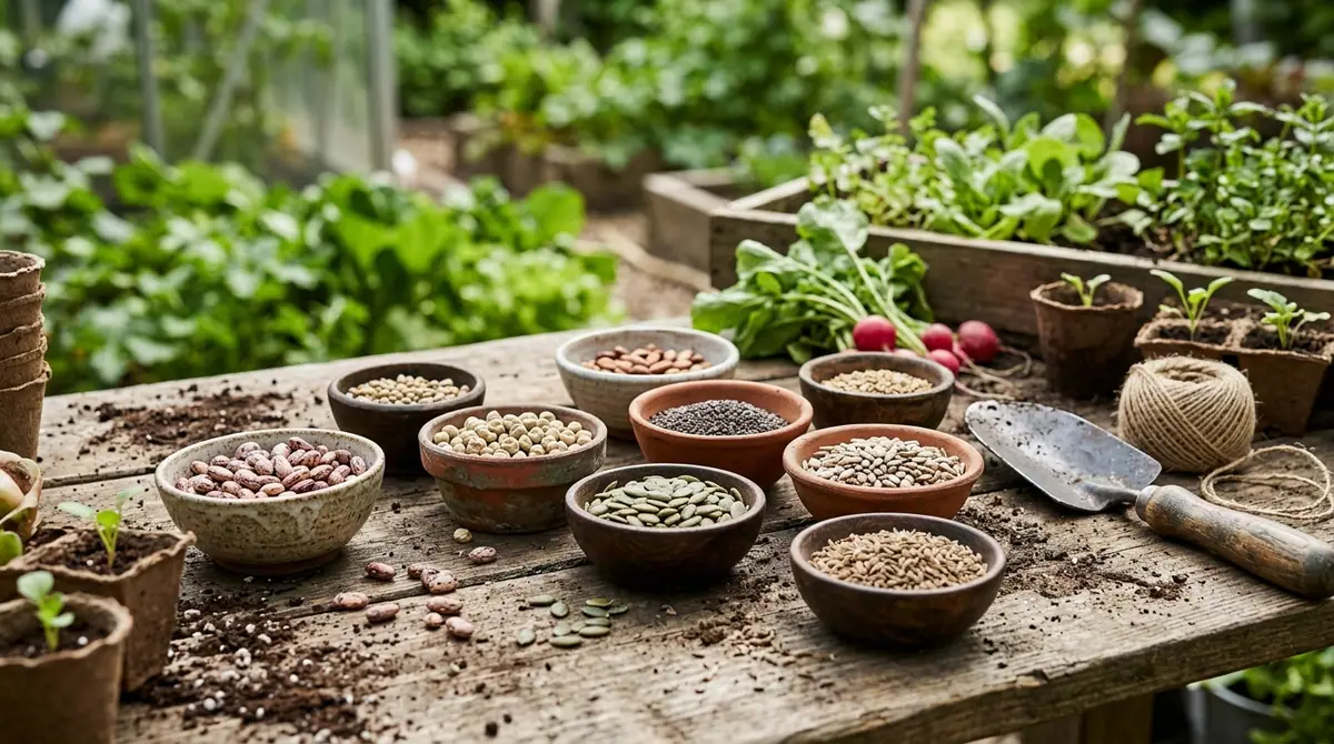 Various seeds in small ceramic bowls arranged on a rustic wooden table in a garden setting