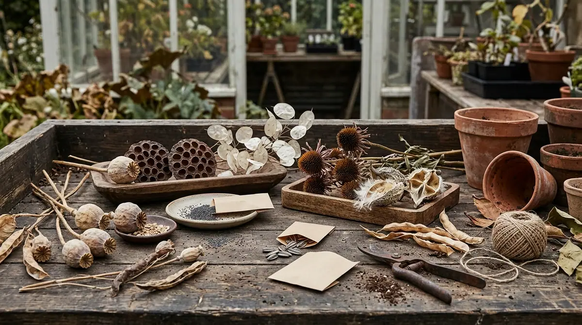 Collection of dried seeds and pods on a wooden potting bench with terracotta pots and a greenhouse in the background