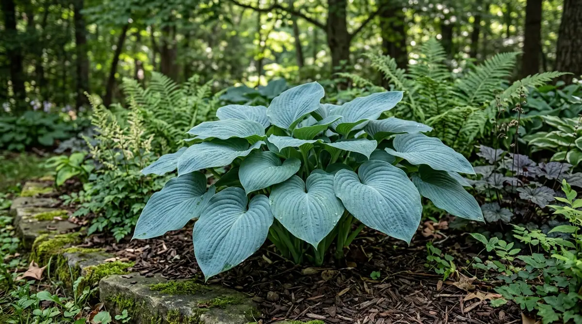 Lush blue hosta plant with heart-shaped leaves growing in a shaded woodland garden bed