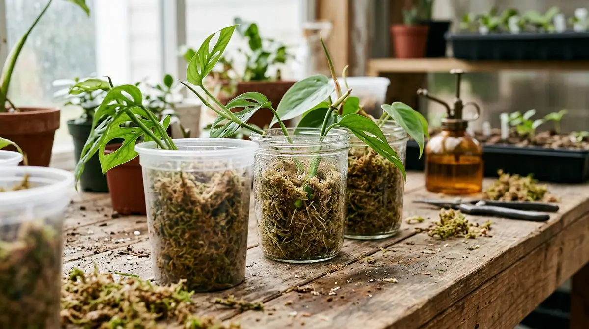 Plant cuttings propagating in jars of sphagnum moss on a rustic wooden table