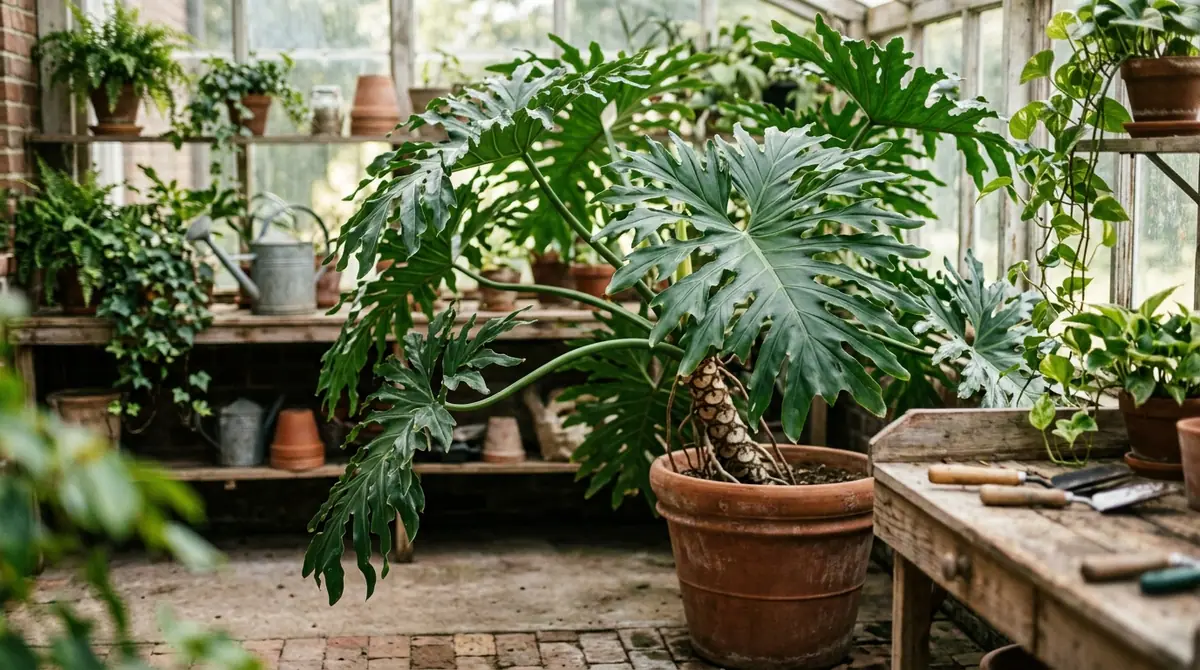Split leaf philodendron in a terracotta pot inside a greenhouse