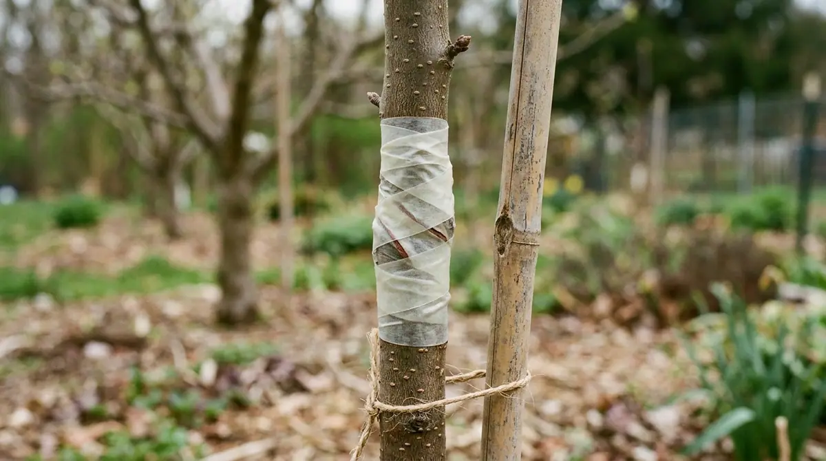 Fruit tree trunk wrapped with grafting tape and tied to a bamboo stake outdoors