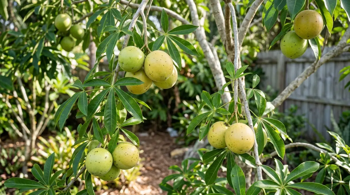 Branches of a Suebelle sapote tree laden with round green fruit amidst foliage