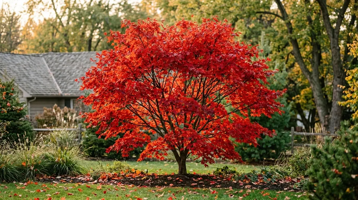 Vibrant red Sun Valley maple tree with dense foliage in a suburban yard