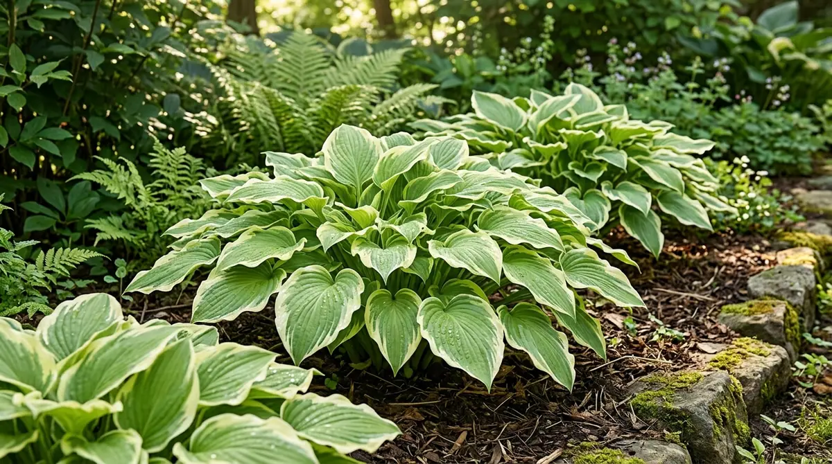 Lush Sunhosta hostas with green and white variegated leaves growing in a garden bed