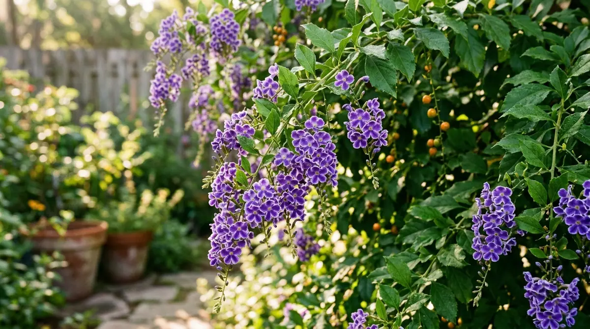 Cascading clusters of purple and white sky flower blossoms on green vines in a garden setting