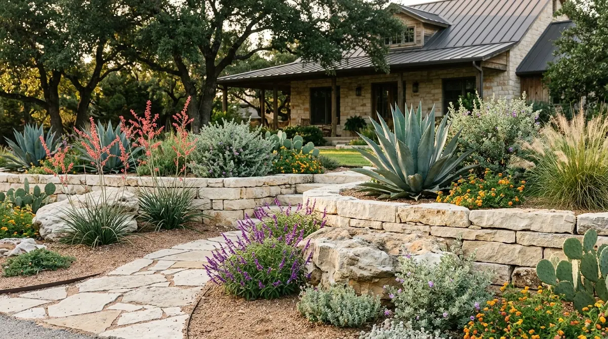 Drought tolerant Texas landscaping with agave, sage, and a stone walkway in front of a rural home