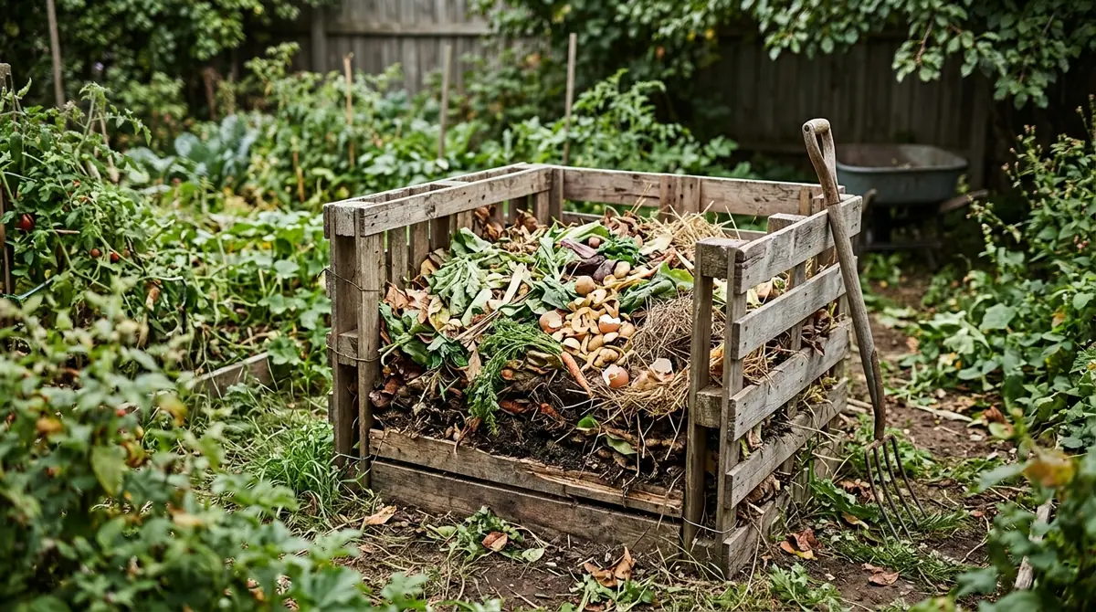 Wooden pallet compost bin filled with yard waste and kitchen scraps in a lush garden