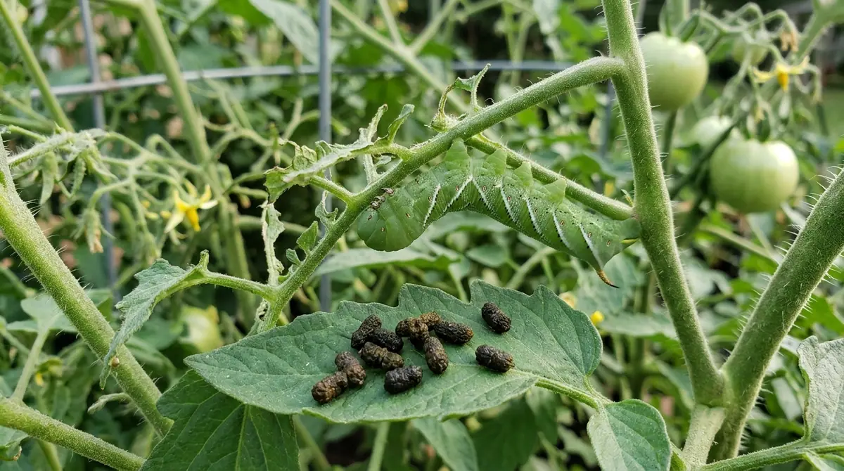 Large green tomato hornworm and its dark droppings on a tomato plant leaf