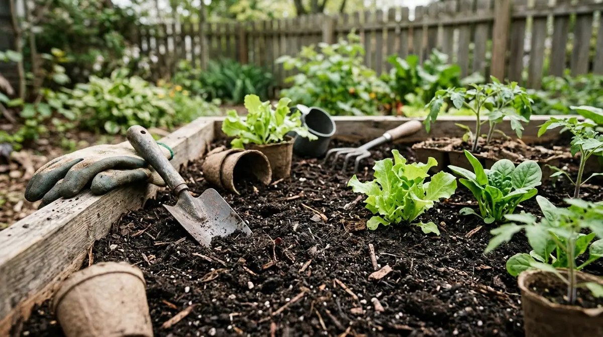 Trowel and gardening gloves resting in rich soil alongside young vegetable seedlings in a raised wooden bed