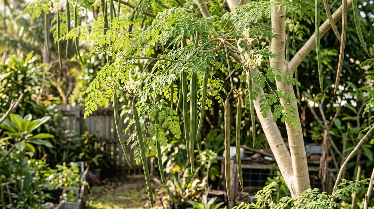 Green leaves and long drumstick pods hanging on a moringa tree in a garden