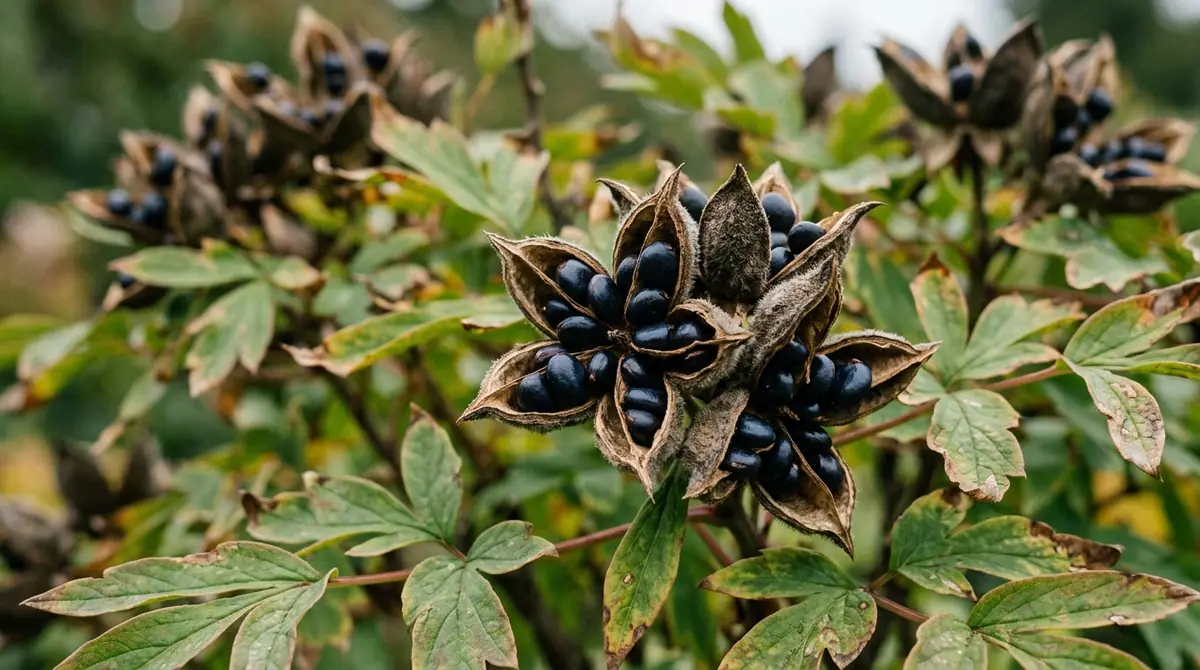 Tree peony seed pods splitting open to reveal shiny black seeds