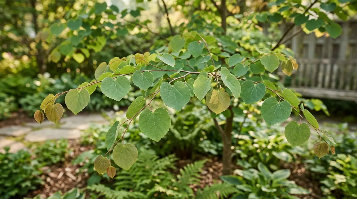 Branch of a katsura tree with nearly round green leaves in a garden