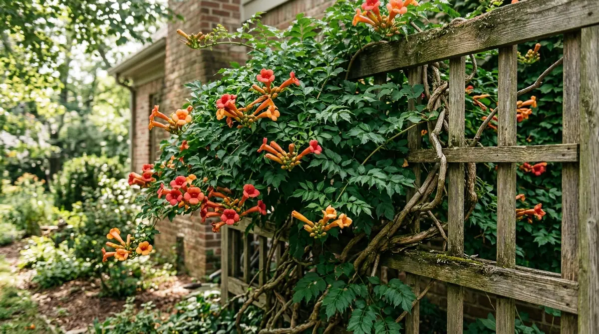 Lush trumpet vine climbing a weathered wooden trellis beside a brick house