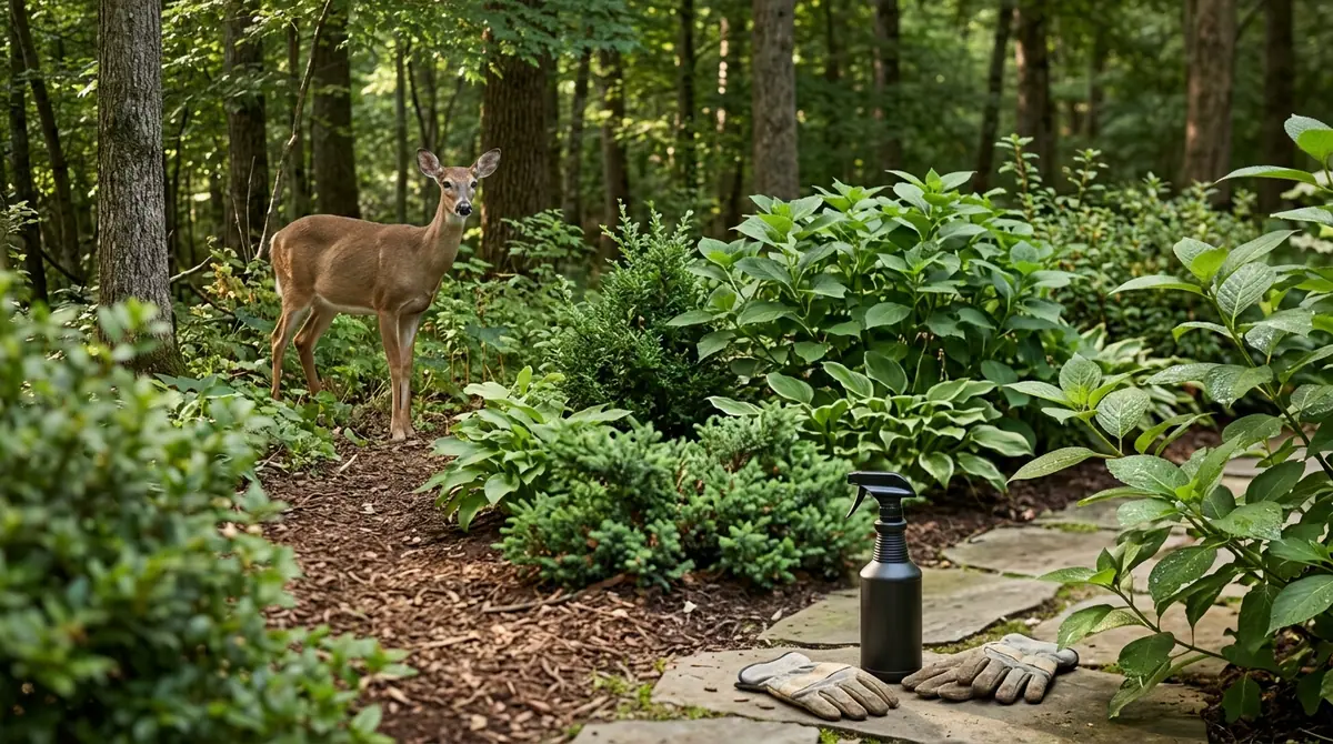 Deer standing near lush garden beds with a spray bottle and gloves on a stone path