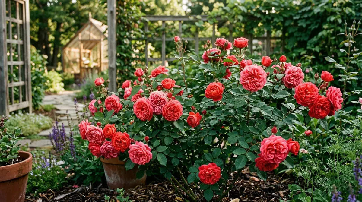 Lush bush of True Bloom roses blooming with coral-red flowers in a garden