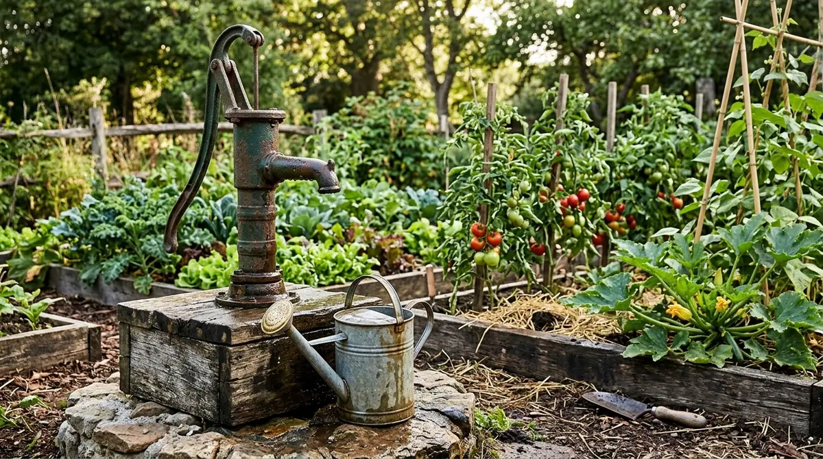 Antique metal well pump and watering can set in a lush vegetable garden with tomato plants