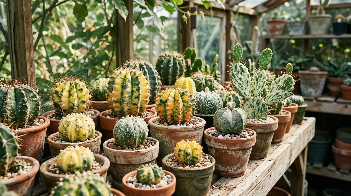 Collection of variegated cactus plants in terracotta pots on a wooden greenhouse bench