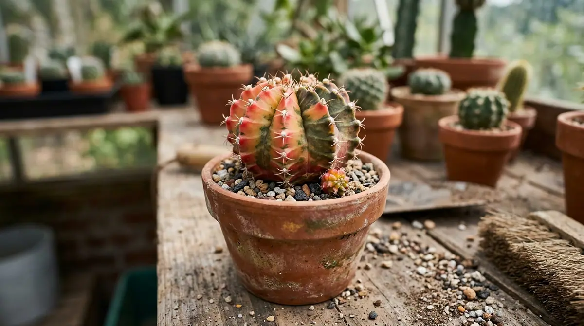 Variegated Gymnocalycium cactus in a clay pot on a wooden bench in a greenhouse
