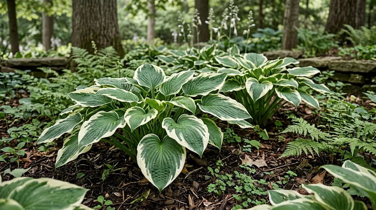 Variegated hosta plants with green and white leaves growing in a shaded woodland garden