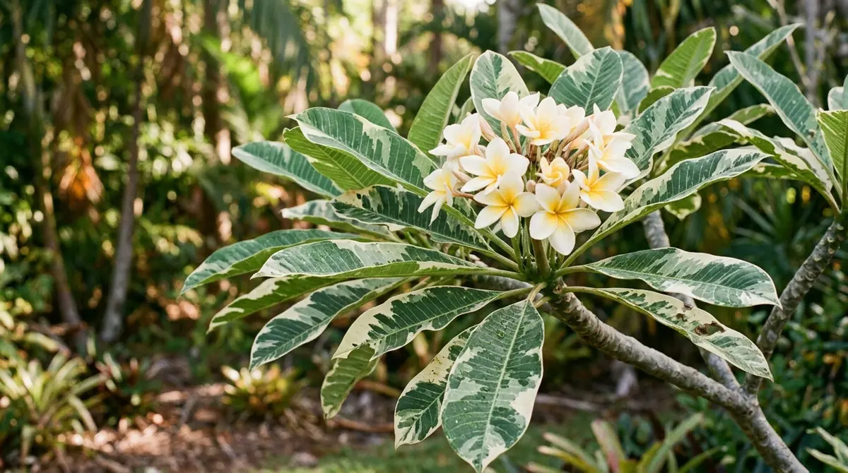 Cluster of white and yellow variegated plumeria flowers amid green and white leaves in a tropical garden
