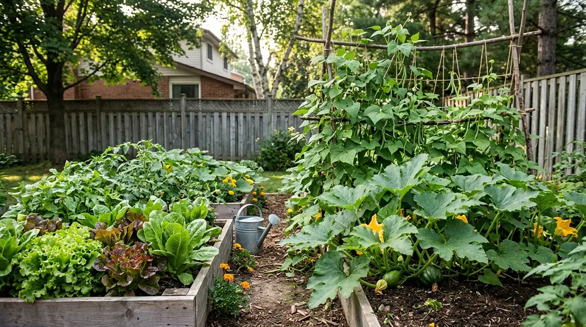 Raised vegetable garden beds with climbing beans and squash in a backyard
