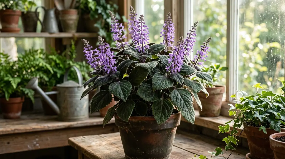 Potted Velvet Elvis plant with dark green leaves and tall purple flower spikes on a wooden bench