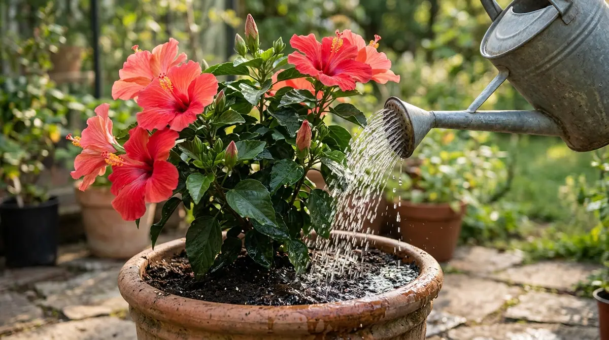 Watering potted hibiscus plant with a metal watering can